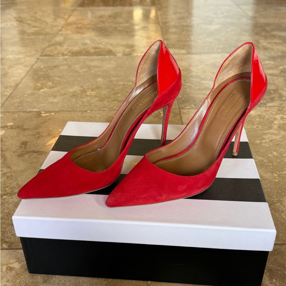 Aquazzura Fellini Pump 105 Lipstick Red Suede Patent Heels 9.5  (39.5 EU)